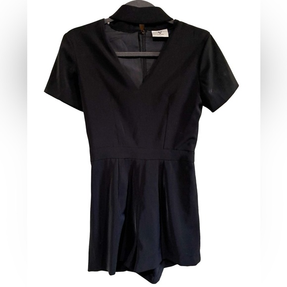 Anthropologie Vone Short Sleeve Black Romper with Choker Collar - Picture 1 of 9